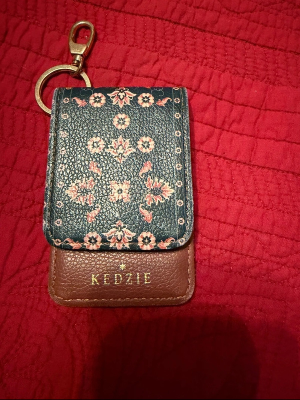 Kedzie Floral Navy & Brown Leather Phone Pouch with Keyring Clip